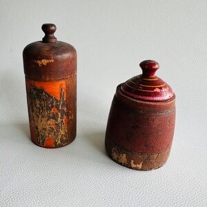 Antique Handcrafted Red and Orange, Pinks Decorative Wooden Apothecary (2) Jars